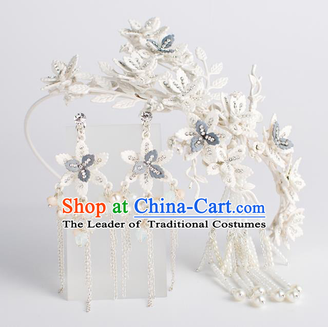Bride Hair Accessories Wedding Flowers Tassel Hair Clasp and Earrings Headwear for Women