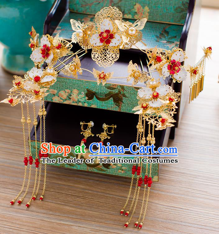 Chinese Traditional Palace Hair Accessories Ancient Xiuhe Suit Golden Phoenix Coronet Hairpins for Women
