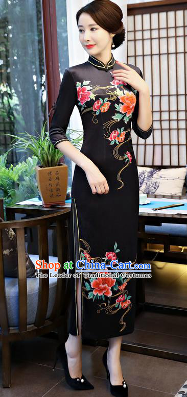 Top Grade Chinese Black Qipao Dress National Costume Traditional Mandarin Cheongsam for Women