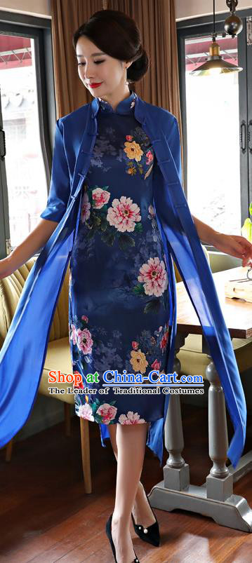 Top Grade Chinese Printing Blue Two-pieces Qipao Dress National Costume Traditional Mandarin Cheongsam for Women