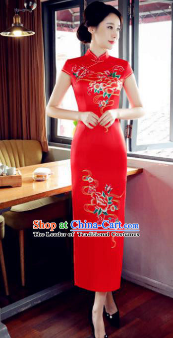 Top Grade Chinese Printing Peony Red Silk Qipao Dress National Costume Traditional Mandarin Cheongsam for Women
