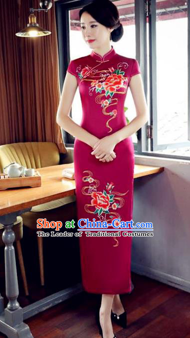 Top Grade Chinese Printing Peony Rosy Silk Qipao Dress National Costume Traditional Mandarin Cheongsam for Women