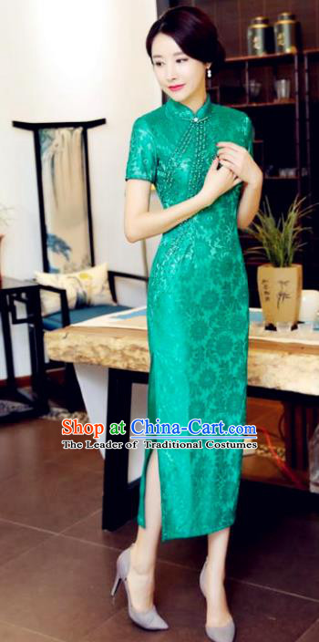 Top Grade Chinese National Costume Green Lace Qipao Dress Traditional Tang Suit Cheongsam for Women
