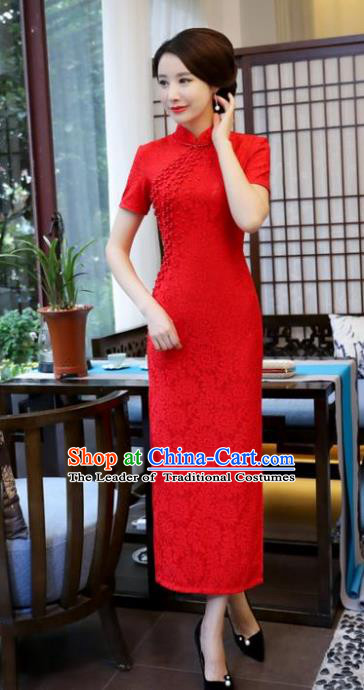 Top Grade Chinese National Costume Red Lace Qipao Dress Traditional Tang Suit Cheongsam for Women
