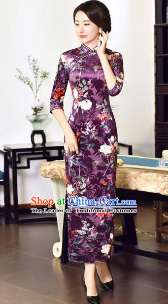 Top Grade Chinese National Costume Purple Velvet Qipao Dress Traditional Tang Suit Cheongsam for Women