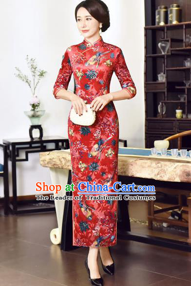 Top Grade Chinese National Costume Red Velvet Qipao Dress Traditional Tang Suit Cheongsam for Women