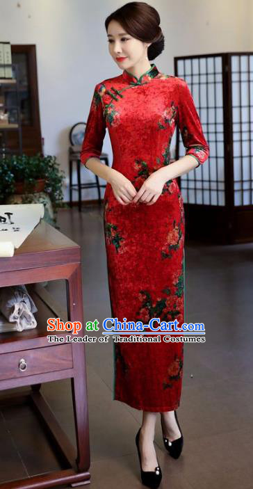 Top Grade Chinese National Costume Printing Red Velvet Qipao Dress Traditional Tang Suit Cheongsam for Women