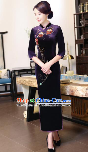 Top Grade Chinese National Costume Purple Velvet Qipao Dress Traditional Tang Suit Cheongsam for Women