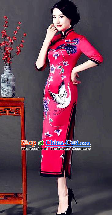 Top Grade Chinese National Costume Printing Crane Red Silk Qipao Dress Traditional Lace Cheongsam for Women
