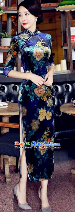 Top Grade Chinese National Costume Blue Velvet Qipao Dress Traditional Lace Cheongsam for Women