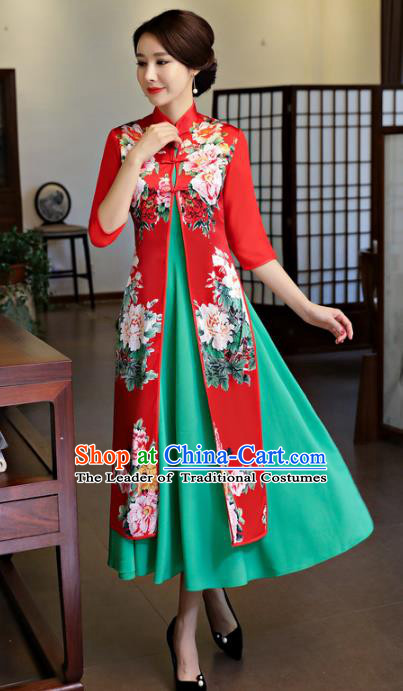 Chinese National Costume Handmade Printing Peony Two-pieces Red Qipao Dress Traditional Cheongsam for Women