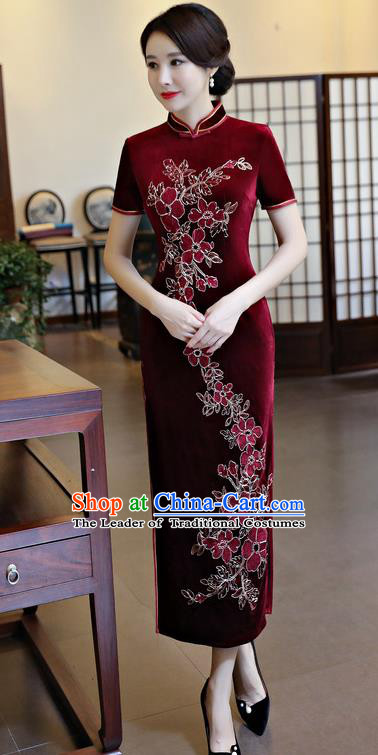 Chinese National Costume Handmade Qipao Dress Traditional Tang Suit Wine Red Velvet Cheongsam for Women