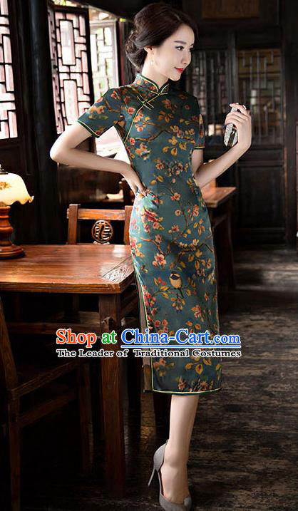 Chinese National Costume Handmade Tang Suit Qipao Dress Traditional Green Watered Gauze Cheongsam for Women