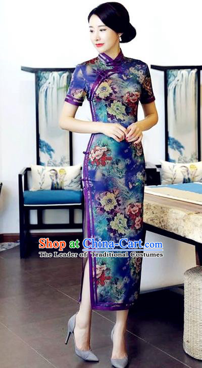 Chinese National Costume Handmade Tang Suit Qipao Dress Traditional Printing Peony Blue Cheongsam for Women