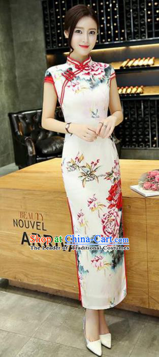 Chinese National Costume Handmade White Silk Tang Suit Qipao Dress Traditional Ink Painting Peony Cheongsam for Women