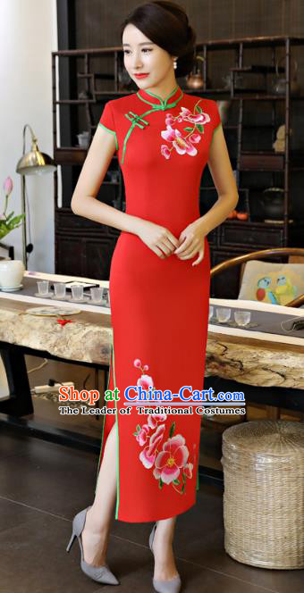 Chinese National Costume Tang Suit Qipao Dress Traditional Printing Peach Blossom Red Cheongsam for Women