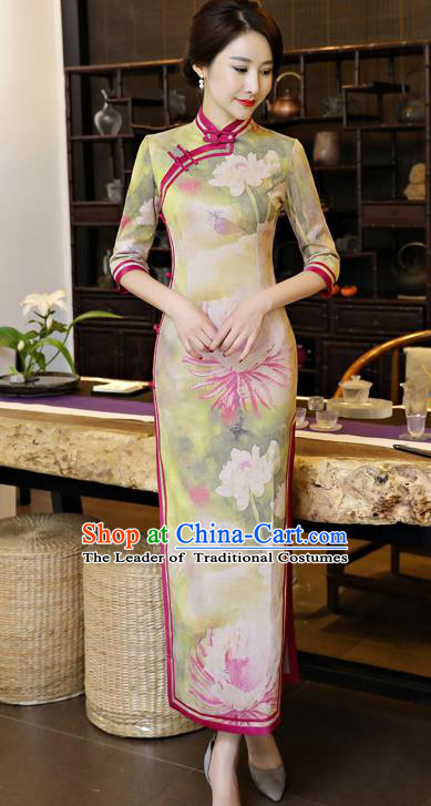Chinese National Costume Tang Suit Qipao Dress Traditional Printing Lotus Green Cheongsam for Women