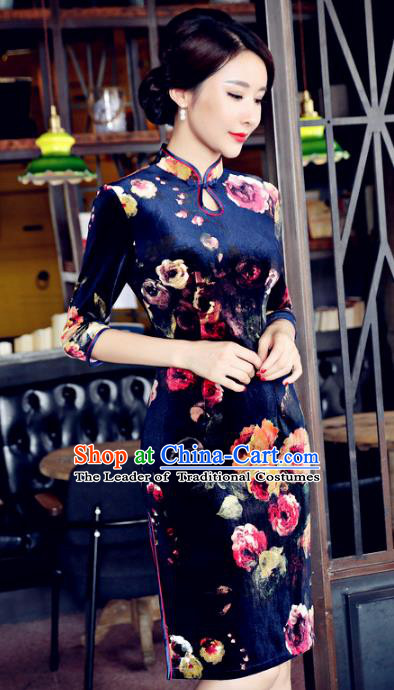 Chinese National Costume Handmade Qipao Dress Traditional Tang Suit Printing Velvet Cheongsam for Women
