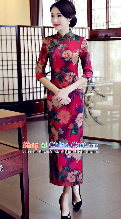 Chinese National Costume Handmade Qipao Dress Traditional Tang Suit Printing Dark Red Watered Gauze Cheongsam for Women
