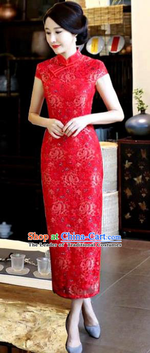Chinese National Costume Tang Suit Red Silk Qipao Dress Traditional Printing Rose Cheongsam for Women