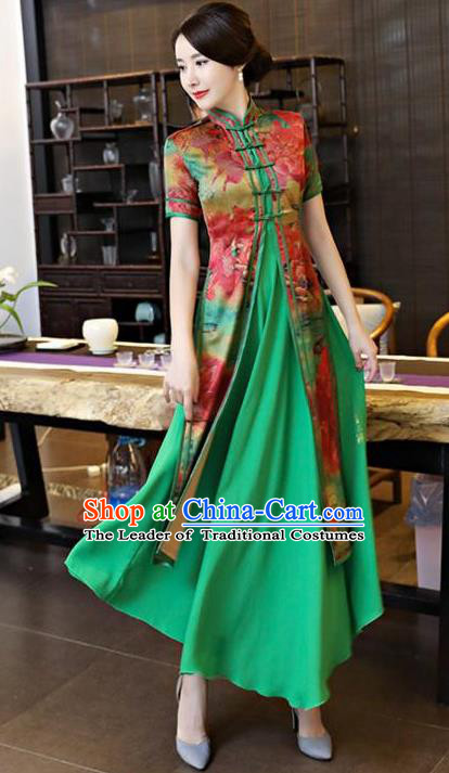 Chinese National Costume Tang Suit Silk Qipao Dress Traditional Printing Two-pieces Green Cheongsam for Women