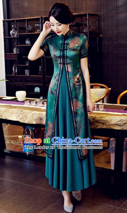 Chinese National Costume Tang Suit Silk Qipao Dress Traditional Printing Two-pieces Blue Cheongsam for Women