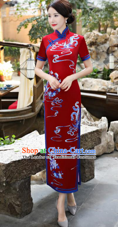 Chinese National Costume Tang Suit Silk Qipao Dress Traditional Printing Phoenix Red Cheongsam for Women