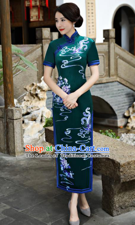 Chinese National Costume Tang Suit Silk Qipao Dress Traditional Printing Phoenix Green Cheongsam for Women