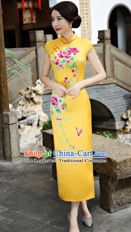 Chinese National Costume Tang Suit Silk Qipao Dress Traditional Printing Peony Yellow Cheongsam for Women