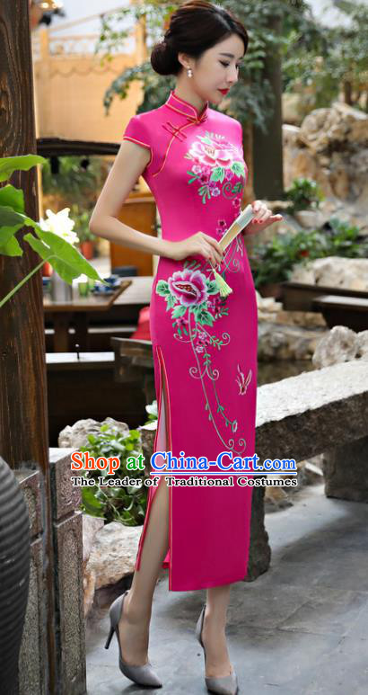 Chinese National Costume Tang Suit Silk Qipao Dress Traditional Printing Peony Rosy Cheongsam for Women
