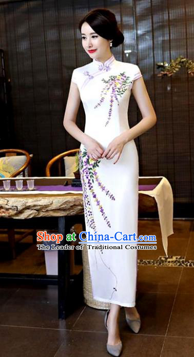 Chinese National Costume Tang Suit Qipao Dress Traditional Printing Wisteria White Cheongsam for Women