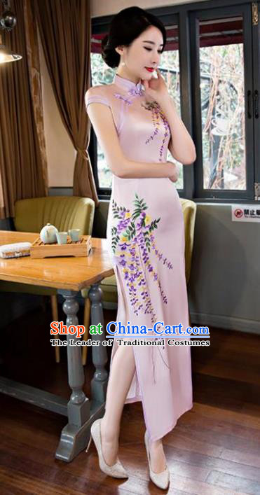 Chinese National Costume Tang Suit Qipao Dress Traditional Printing Wisteria Pink Cheongsam for Women