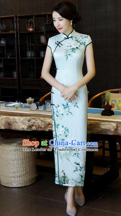 Chinese National Costume Tang Suit Qipao Dress Traditional Printing Flowers Green Cheongsam for Women