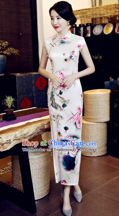 Chinese National Costume Tang Suit Qipao Dress Traditional Printing Lotus Flower Cheongsam for Women