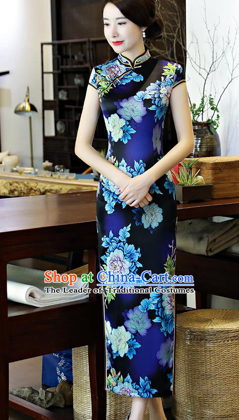 Chinese National Costume Tang Suit Qipao Dress Traditional Printing Flowers Blue Cheongsam for Women