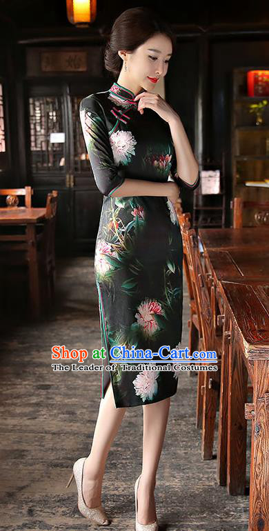 Chinese National Costume Tang Suit Retro Qipao Dress Traditional Printing Peony Cheongsam for Women