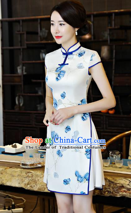 Chinese National Costume Tang Suit Retro Qipao Dress Traditional Printing White Silk Cheongsam for Women