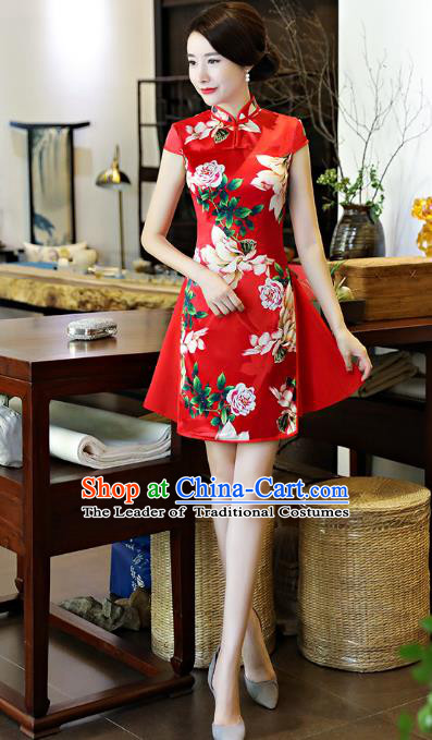 Chinese National Costume Tang Suit Retro Qipao Dress Traditional Printing Red Silk Cheongsam for Women