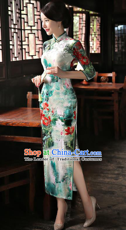 Chinese National Costume Handmade Green Velvet Qipao Dress Traditional Tang Suit Printing Cheongsam for Women