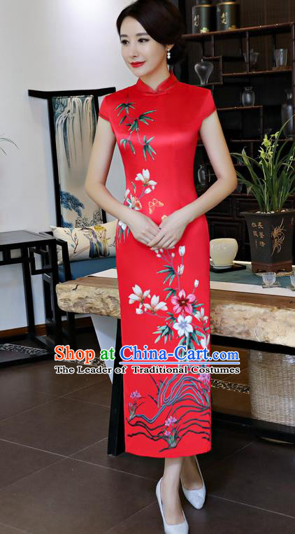 Chinese National Costume Handmade Red Silk Qipao Dress Traditional Tang Suit Printing Cheongsam for Women