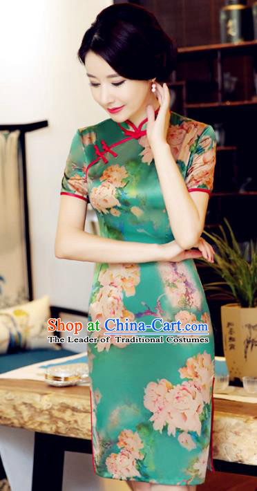 Chinese National Costume Handmade Printing Peony Qipao Dress Traditional Tang Suit Green Cheongsam for Women