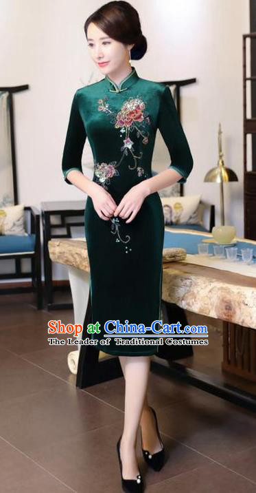 Chinese National Costume Handmade Green Velvet Qipao Dress Traditional Tang Suit Cheongsam for Women