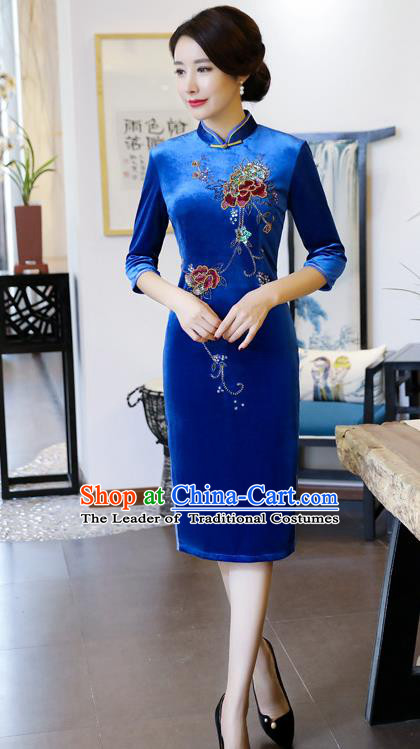 Chinese National Costume Handmade Blue Velvet Qipao Dress Traditional Tang Suit Cheongsam for Women