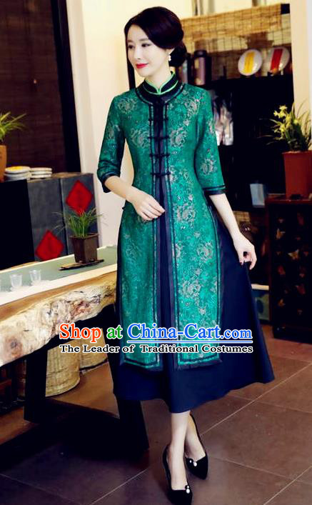 Chinese National Costume Handmade Green Qipao Dress Traditional Tang Suit Two-pieces Cheongsam for Women
