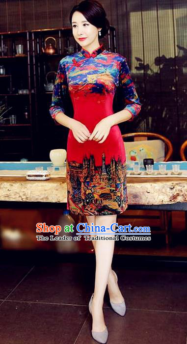 Chinese National Costume Handmade Tang Suit Red Qipao Dress Traditional Velvet Cheongsam for Women