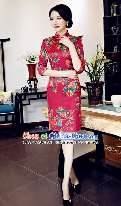 Chinese National Costume Handmade Tang Suit Wine Red Qipao Dress Traditional Printing Flowers Cheongsam for Women