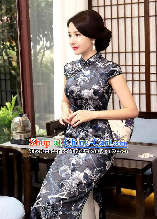 Chinese National Costume Handmade Tang Suit Black Qipao Dress Traditional Printing Flower Cheongsam for Women