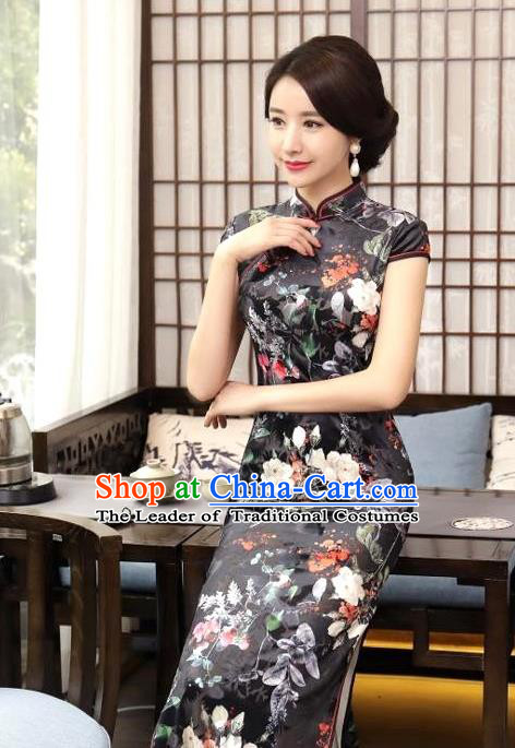 Chinese National Costume Handmade Tang Suit Black Qipao Dress Traditional Printing Silk Cheongsam for Women