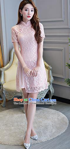 Chinese National Costume Tang Suit Pink Lace Qipao Dress Traditional Cheongsam for Women