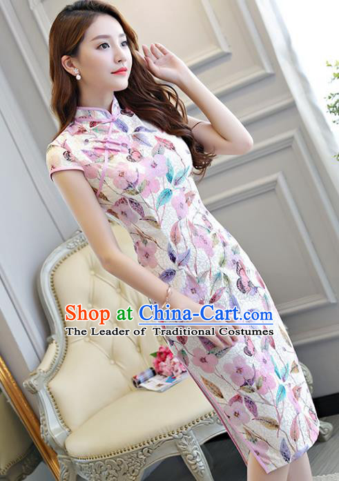 Chinese National Costume Tang Suit Printing Lilac Qipao Dress Traditional Cheongsam for Women
